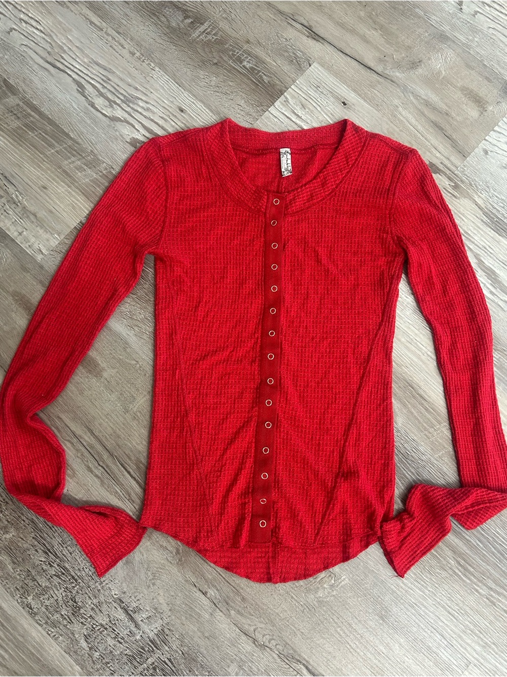 Free People Red Ribbed Snap-Front Long Sleeve Tee